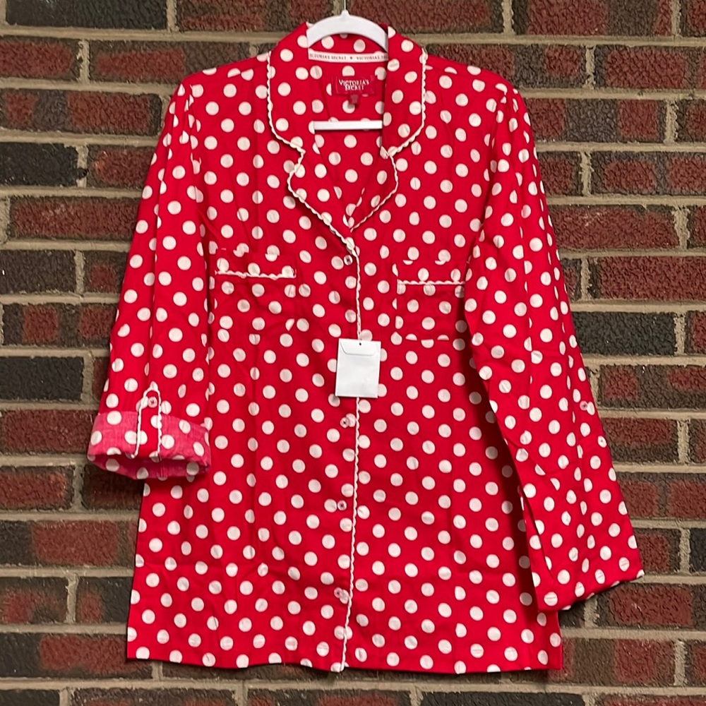 New Victoria's Secret Pajama Top Mini Sleep Dress Women’s M Red White Polka Dot